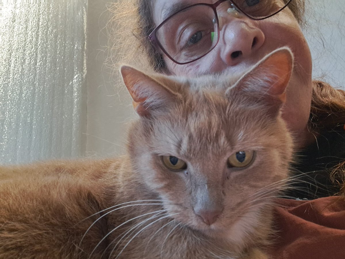 Monique met een van haar katten dicht tegen zich aan